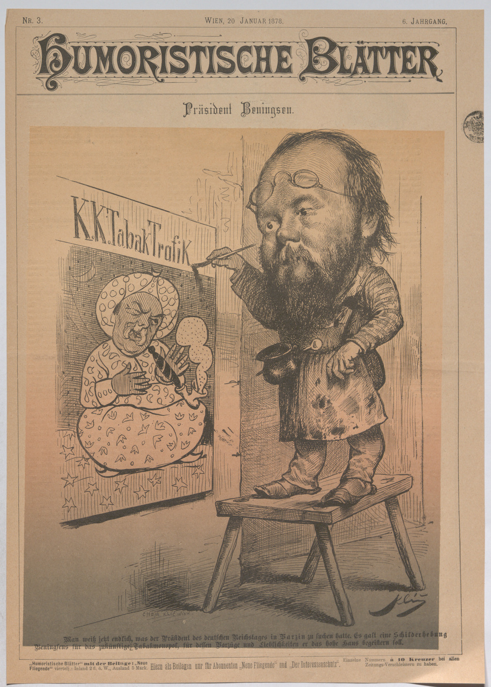 Präsident Beningsen; K. K. Tabak Trafik, Barzin (Titelblatt von