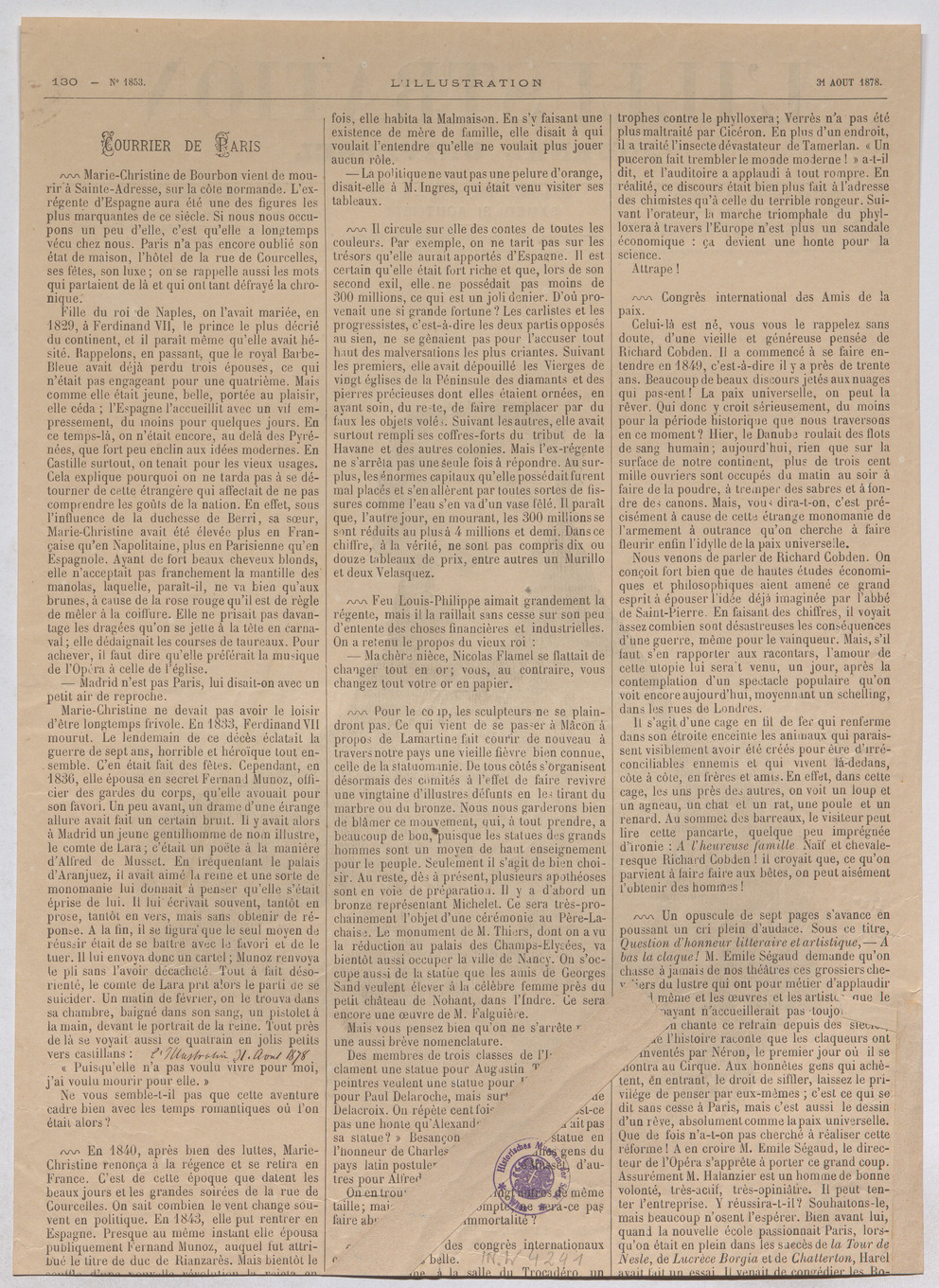 "LA REINE MARIECHRISTINE; Décédée le 22 août." Wien Museum Online