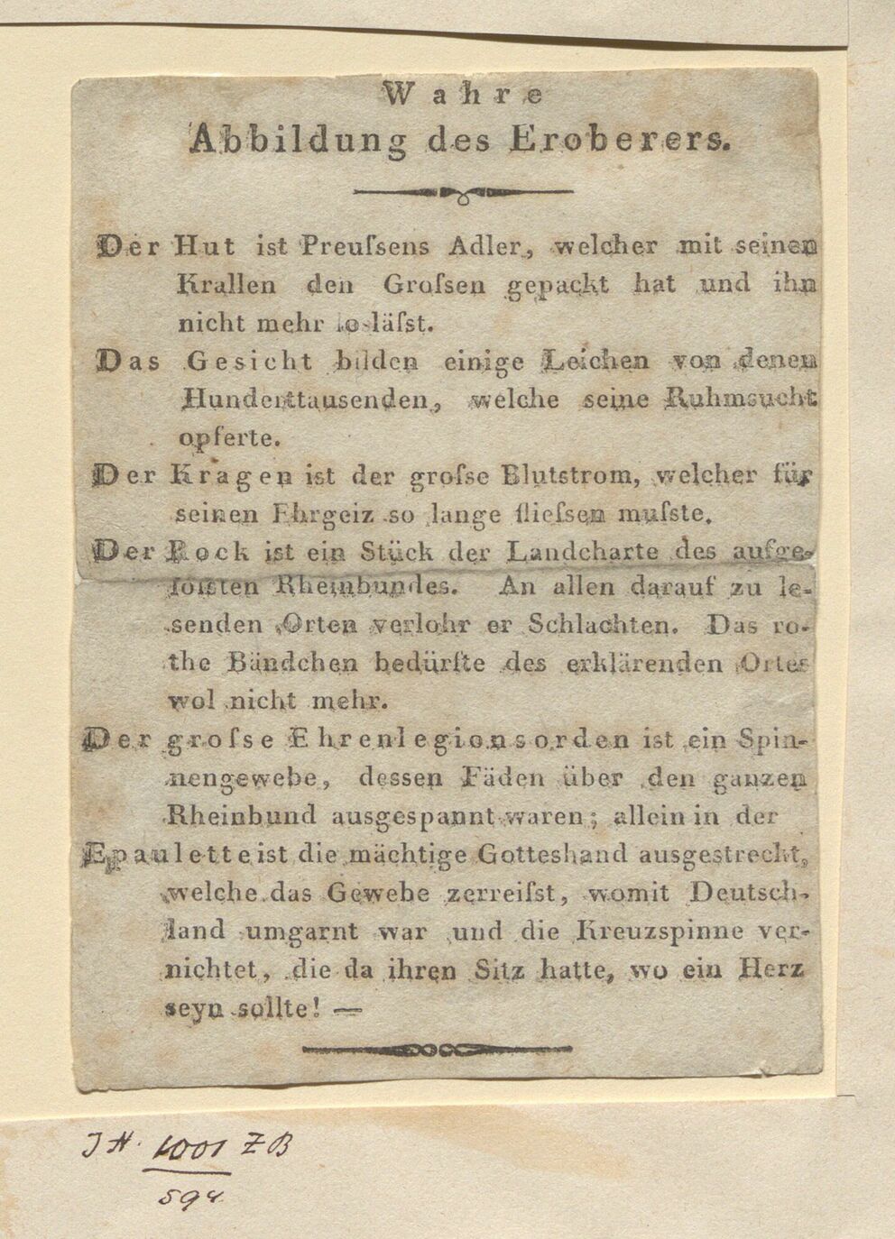 Erklärendes Textblatt zu "Triumph des Jahres 1813" (Inv.Nr. 21742/1) "Wahre / Abbildung des